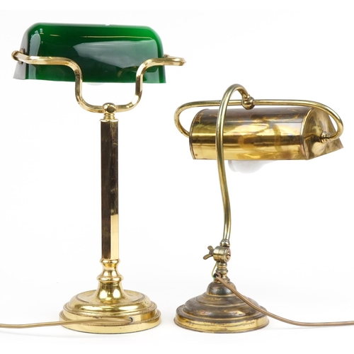 1574 - Two early 20th century and later adjustable brass banker's lamps, one with green glass shade, the la... 