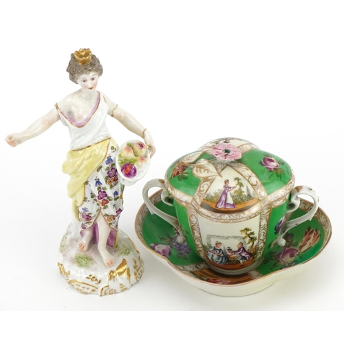 477 - 19th century continental china comprising an Augustus Rex quatrefoil lidded twin handled cup with sa... 