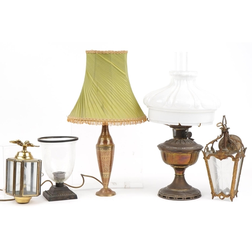 1816 - Early 20th century and later lighting including Aladdin oil lamp with glass shade and French style g... 