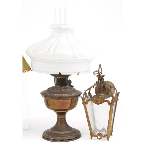 1816 - Early 20th century and later lighting including Aladdin oil lamp with glass shade and French style g... 