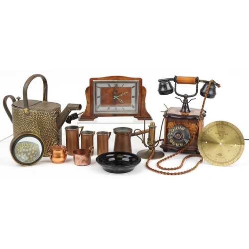 1811 - Sundry items including a Sorento ware inlaid telephone, Art Deco mantle clock, photographic lens and... 