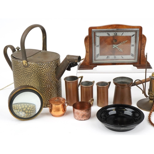 1811 - Sundry items including a Sorento ware inlaid telephone, Art Deco mantle clock, photographic lens and... 