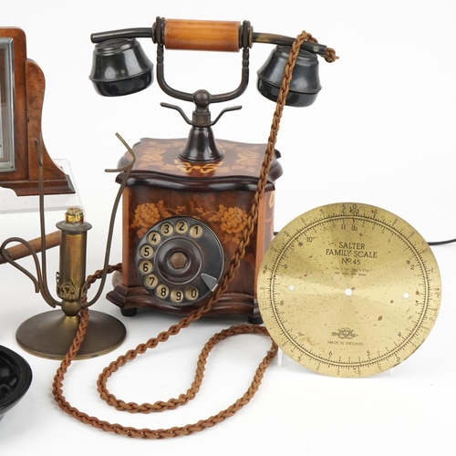 1811 - Sundry items including a Sorento ware inlaid telephone, Art Deco mantle clock, photographic lens and... 