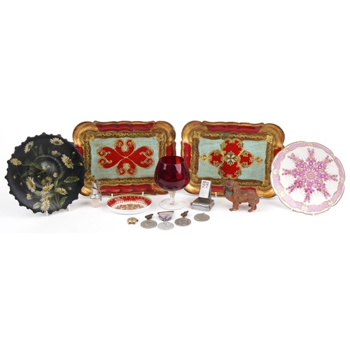 1500 - Sundry items including commemorative medals, perpetual desk calendar, two enamel dishes hand painted... 