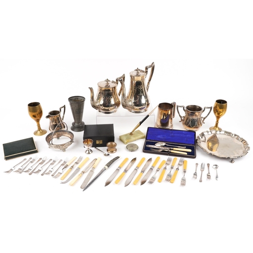 1547 - Silver plated metalware including Elkington & Co tankard, four piece tea and coffee service, pewter ... 