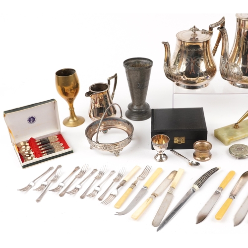 1547 - Silver plated metalware including Elkington & Co tankard, four piece tea and coffee service, pewter ... 