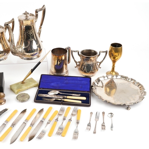 1547 - Silver plated metalware including Elkington & Co tankard, four piece tea and coffee service, pewter ... 