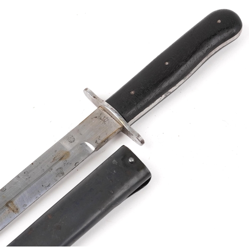 729 - German military interest boot knife with scabbard and steel blade impressed WOA 25, 30cm in length