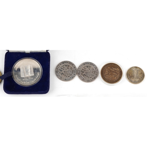 824 - British and world coinage, some silver including Arab Banking Corporation Bahrain silver medallion w... 