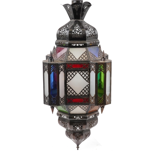 Moroccan Moorish style bronzed hanging lantern with coloured glass panels, 52cm high