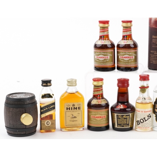 1591 - Alcohol miniatures including Laphroaig whisky, Gordons gin and Johnnie Walker Black Label whisky