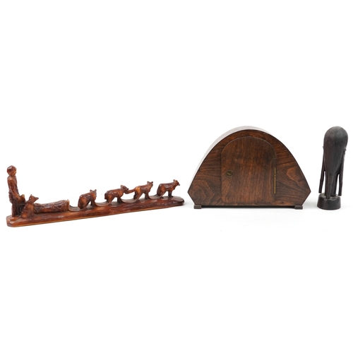 1654 - Sundry items including a Canadian Inuit Amy Art Craft sculpture and Art Deco oak mantle clock, the l... 