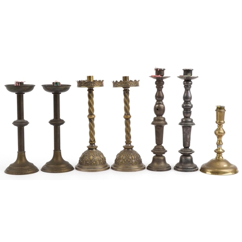 403 - 18th century and later candlesticks including two ecclesiastical pairs, one pair impressed Angentor,... 