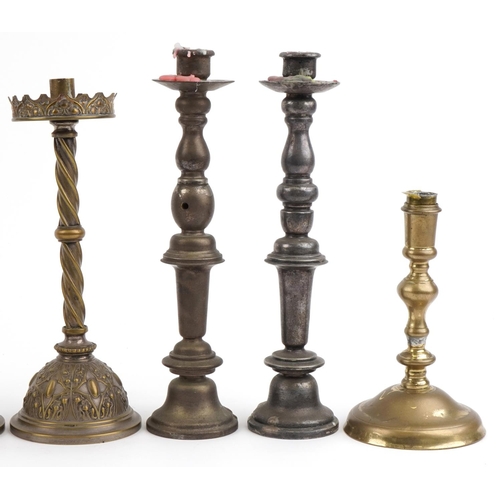 403 - 18th century and later candlesticks including two ecclesiastical pairs, one pair impressed Angentor,... 