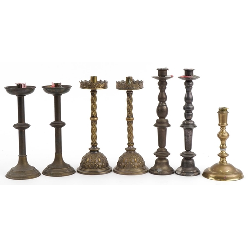 403 - 18th century and later candlesticks including two ecclesiastical pairs, one pair impressed Angentor,... 