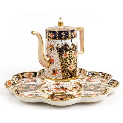 1405 - Davenport, Victorian Staffordshire cabaret tray with coffee pot decorated in the Imari palette, the ... 