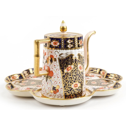 1405 - Davenport, Victorian Staffordshire cabaret tray with coffee pot decorated in the Imari palette, the ... 