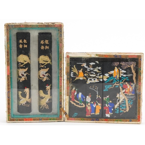 1642 - Two sets of Chinese scroll weights including a set of four hand painted with emperors and figures in... 