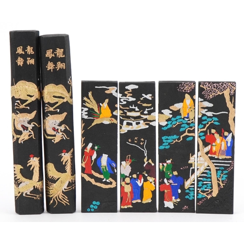 1642 - Two sets of Chinese scroll weights including a set of four hand painted with emperors and figures in... 