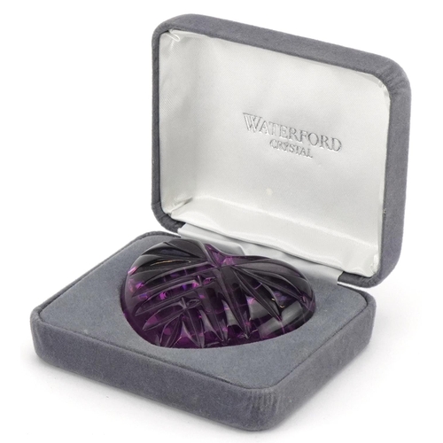 1462 - Waterford Crystal purple heart paperweight with fitted box, 7cm wide