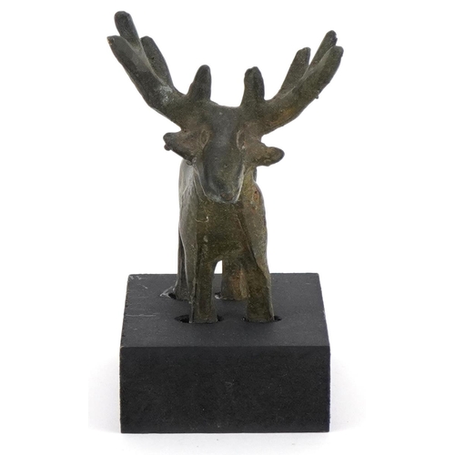 1763 - Greek style bronze figure of a moose on painted stand, overall 11.5cm high