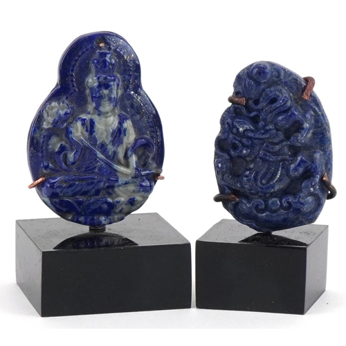 1632 - Two Chinese lapis lazuli panels carved with a figure of Buddha and dragon, each raised on stands, th... 