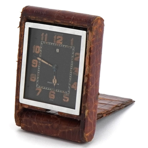 352 - Art Deco Jaeger LeCoultre eight day travel clock with simulated crocodile skin leather case, numbere... 