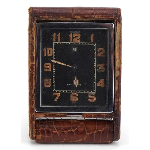 352 - Art Deco Jaeger LeCoultre eight day travel clock with simulated crocodile skin leather case, numbere... 