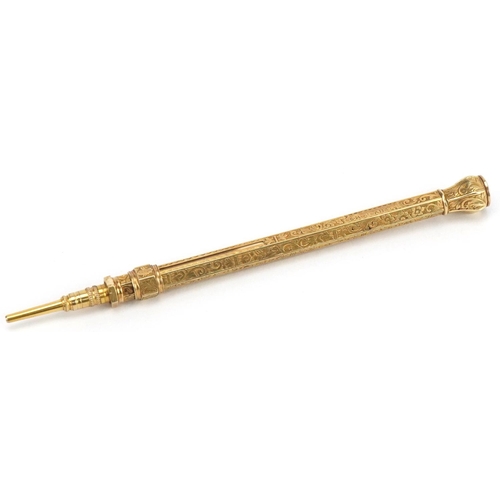 133 - Sampson Mordan & Co, Victorian unmarked gold propelling pencil with floral chased body and amethyst ... 