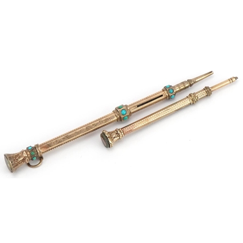 136 - Victorian unmarked gold propelling pencil inset with turquoise cabochons and unmarked gold propellin... 