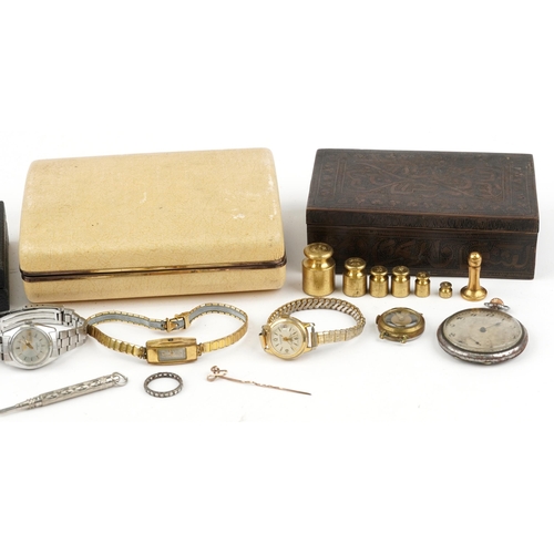 1589 - Watches and sundry items including a gun metal pocket watch, Seiko wristwatch and Islamic brass box