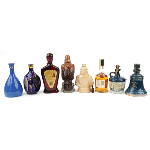 1557 - Novelty alcohol decanters with contents and alcohol including Beam Kentucky whisky, Napoleon brandy,... 