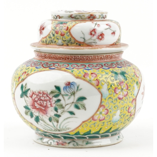 510 - Chinese porcelain yellow ground vase and cover, finely hand painted in the famille rose palette with... 