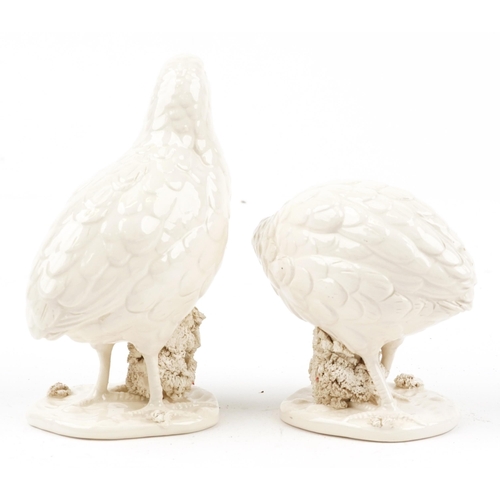 1383 - Ferlaro, pair of Italian porcelain quails having cream glazes, impressed marks to the bases, each 15... 