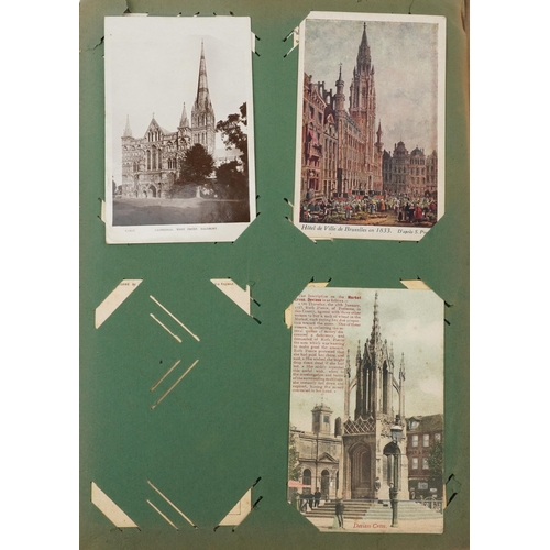 925 - Collection of military, topographical and comical postcards arranged in an album including silk embr... 