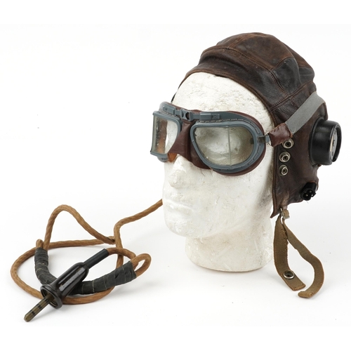 684 - British military World War II leather flying hat/helmet with goggles inscribed Langdon to the interi... 