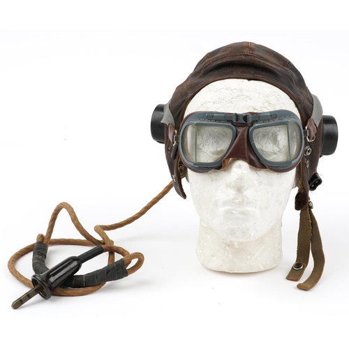 684 - British military World War II leather flying hat/helmet with goggles inscribed Langdon to the interi... 