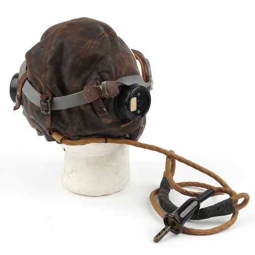 684 - British military World War II leather flying hat/helmet with goggles inscribed Langdon to the interi... 