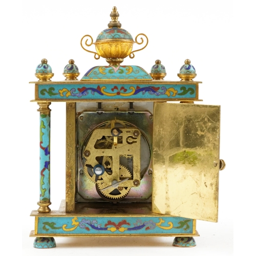 1384 - French style champleve enamel brass mantle clock with enamelled face having circular dial with Roman... 