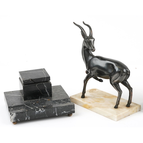 1686 - Art Deco style marble including bronzed gazelle sculpture, pair of book design bookends and inkwell,... 