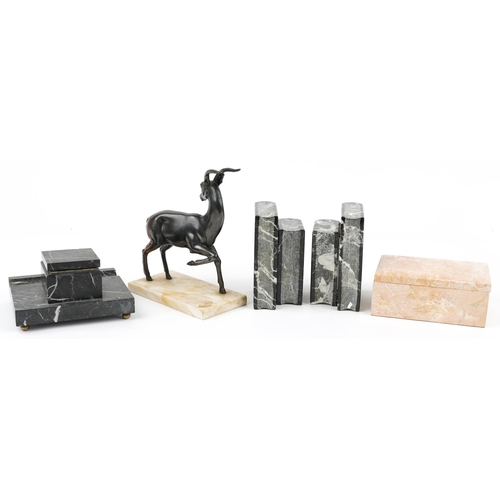 1686 - Art Deco style marble including bronzed gazelle sculpture, pair of book design bookends and inkwell,... 