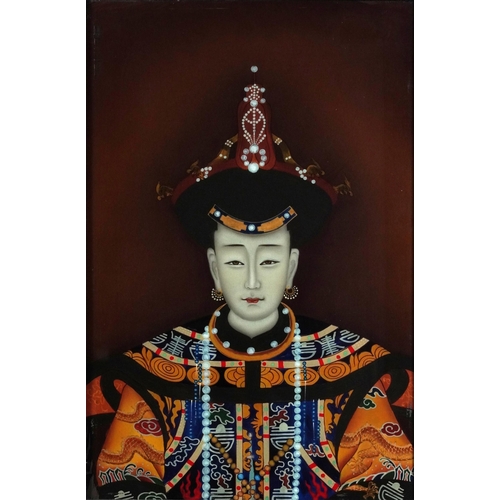 160 - Ancestral portrait of an Empress, Chinese reverse glass painting with calligraphy housed in a hardwo... 