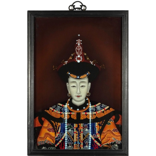 160 - Ancestral portrait of an Empress, Chinese reverse glass painting with calligraphy housed in a hardwo... 