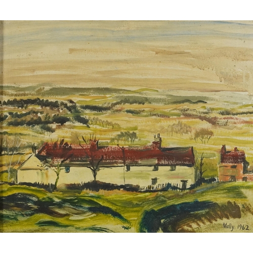 362 - Molly 1962 - Landscape with cottages, Modern British oil on canvas board, mounted and framed, 40cm x... 