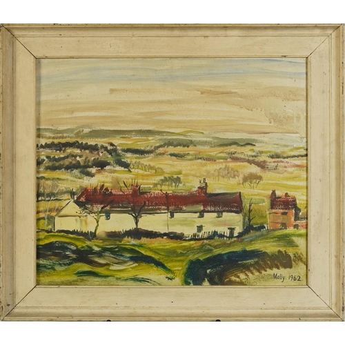 362 - Molly 1962 - Landscape with cottages, Modern British oil on canvas board, mounted and framed, 40cm x... 