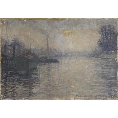 397 - Industrial river scene with moored boats, Post Impressionist oil on canvas, bearing an indistinct si... 