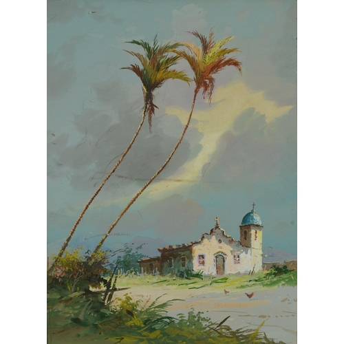 1410 - Minero colonial church, continental gouache on card, inscribed verso, mounted, unframed, 27cm x 20cm... 