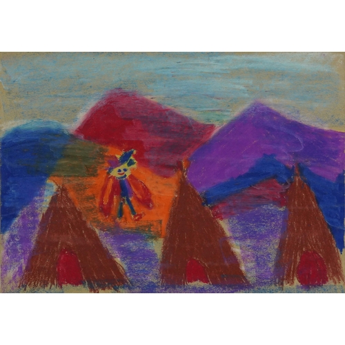 1409 - Hayricks and figure before mountains, Finnish school mixed media on paper, indistinctly inscribed ve... 