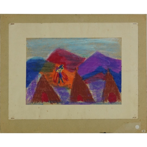 1409 - Hayricks and figure before mountains, Finnish school mixed media on paper, indistinctly inscribed ve... 