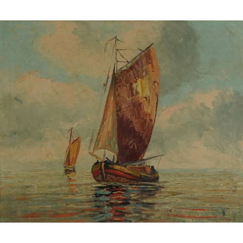 1121 - Fishing cutter, mid century German school Impressionist oil on canvas, indistinctly signed, label ve... 